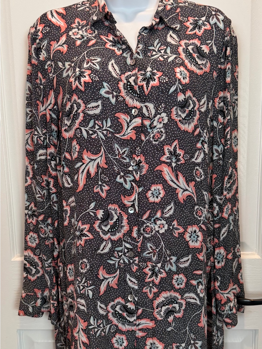 J. Jill Long-Sleeve Floral Button-Front Tunic in Coral, Black & Light Blue